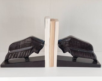 Midcentury Bookends Bulls / Hand-carved Animal Figures / Wooden Sculptures black Rhönwerkstätten / Klings 1960s