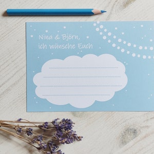 Wunschkarten Lichterkette Wolke Sterne personalisierbar blau weiß/ Ballonkarten Wimpelkette Name/ Ich wünsche Dir/ Konfirmation Taufe Geburt