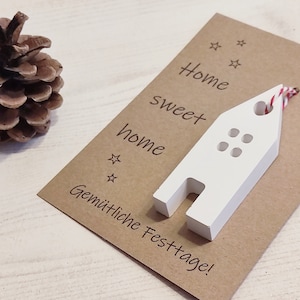 Kleines Mini Weihnachtsgeschenk/ Raysin Lichthäuschen/ Keramik Haus Anhänger/ Kraftpapier Karte Home sweet home/ Frohes Fest/ weiße Deko