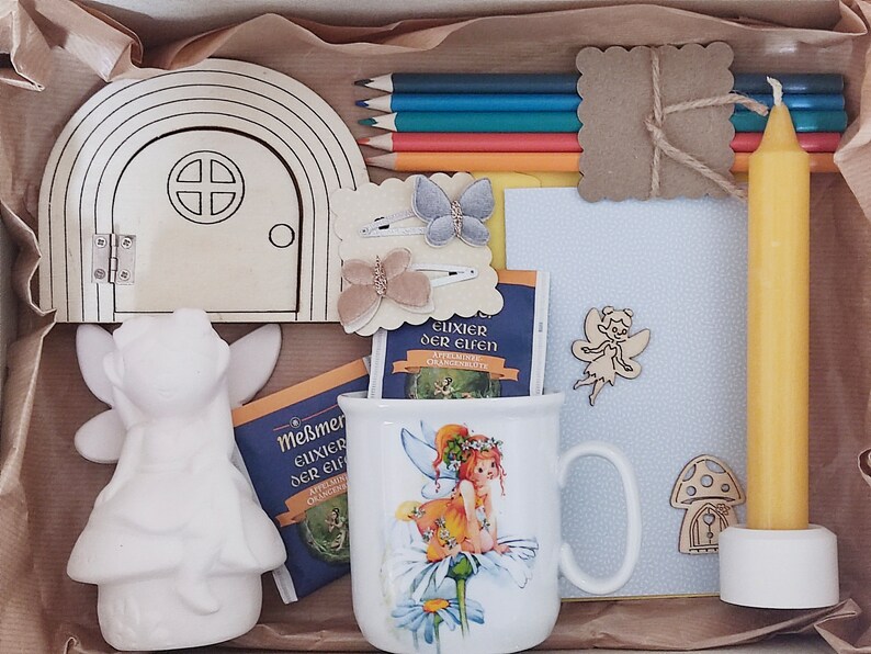 Geschenk Elfenbox Mädchen/ Elfe Fee Margeritenfee Blumenelfe Wiesenelfe/ Geschenkkarton Geschenkbox Karte/ Kindertasse/ Elfentür/ Geburtstag Bild 2