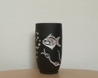 Extraordinary midcentury vase with fish motif in black and white studio ceramics Kastl 1960s