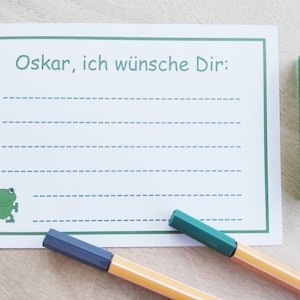 Wunschkarten Set personalisierbar - Ich wünsche Dir Karten mit Name - Motiv Frosch grün - für Wünsche der Gäste - Geburtstag Schuleinführung