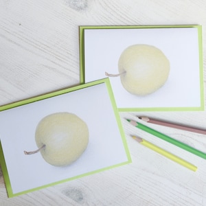 Karten Grußkarten Print grüner Apfel/ Bleistiftzeichnung Druck Papeterie Set Früchte Stillleben/ Tischkarten Hochzeit Gartenparty grün weiß