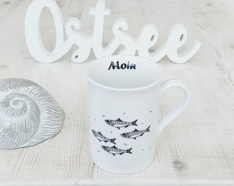 Kaffeepot Moin/ Kaffeetasse Fische maritim/ Tasse - Ostsee Geschirr schwarz weiß/ Porzellanessgeschirr Heringe/ Heringsschwarm/ Fischschwarm