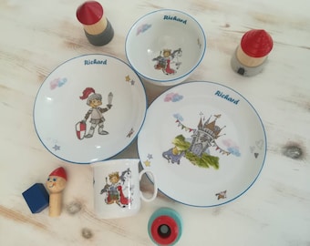 Kindergeschirr Lastminute Geschenk Ritter Prinz Schwert Schild Burg Drache Pferd/ Porzellan Frühstücksgedeck Kindergedeck Junge/ Kindertasse