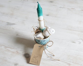 Easter to go in a cup - small Easter gift set Easter nest - Easter bunny rabbit candle holder hay - Easter decoration white green - Easter candle Easter fire