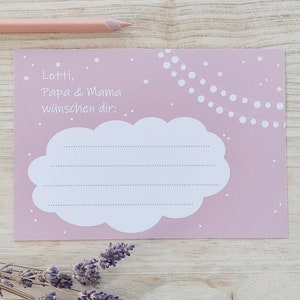Wunschkarten Lichterkette Wolke personalisierbar rosa weiß/ Ballonkarten Wimpelkette Name/ Ich wünsche Dir/ I wish you/ Hochzeit Geburtstag