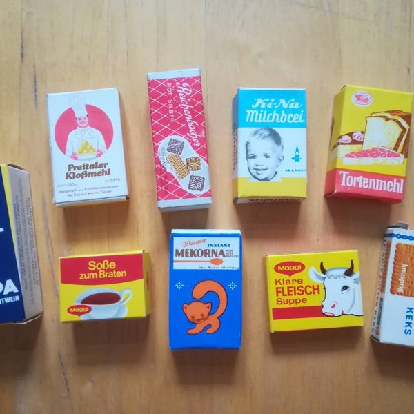 Vintage Zubehör Kaufladen Kaufmannsladen Essen Lebensmittel Waren Miniatur Miniaturlebensmittel Kartons 70er 70s 80er Minimarkt DDR selten