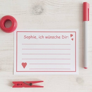 Wunschkarten Set personalisierbar - Ich wünsche Dir Karten mit Name - Motiv Herzen rot - Wünsche der Gäste - Hochzeit Verlobung Geburtstag