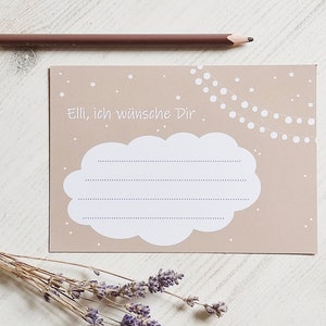 Wunschkarten Lichterkette Wolke personalisierbar braun weiß/ Ballonkarten Wimpelkette Name/ Ich wünsche Dir/ I wish you/ Hochzeit Geburtstag