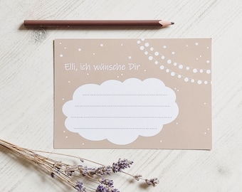 Wunschkarten Lichterkette Wolke personalisierbar braun weiß/ Ballonkarten Wimpelkette Name/ Ich wünsche Dir/ I wish you/ Hochzeit Geburtstag