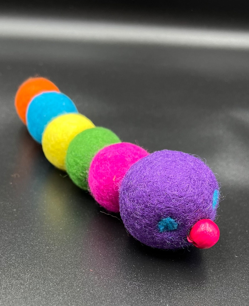 Puede incluir: Un juguete de oruga de fieltro colorido con una cabeza morada, una nariz rosa y ojos azules. La oruga est&aacute; hecha de bolas de fieltro de color naranja, azul, amarillo, verde y rosa.