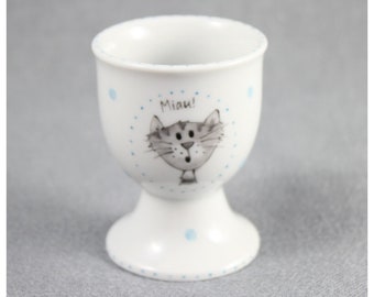 Tasse à oeufs « Meow », porcelaine, peinte à la main avec chat