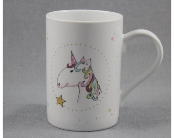 Tasse forme droite « Licorne », porcelaine peinte à la main, tasse 280ml