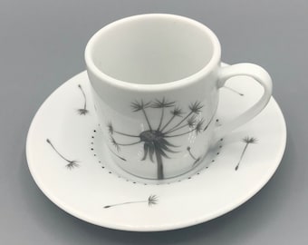 Tasse à expresso, 2 pièces, « Pusteblume », porcelaine, peinte à la main, tasse à moka, expresso, avec soucoupe