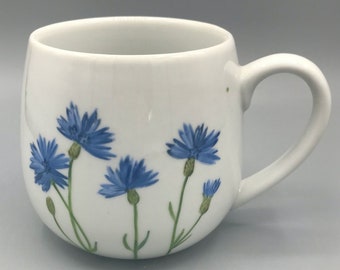 Tasse « Bleuet », porcelaine peinte à la main, mug câlin, mug, tasse à thé, tamis et couvercle, tea time, coffee time, cafetière