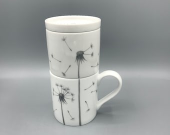 Ensemble de café « Pusteblume », porcelaine, peint à la main, 4 pièces, café lent, café filtre, tasse de forme droite, tasse à café, cafetière