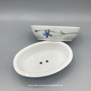 Soap dish 2-piece &quot;Cornflower&quot;, hand-painted porcelain, with drain with holes