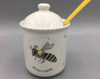 Petit pot de miel « Queen Bee », porcelaine, peint à la main, boîte de confiture, pot de confiture, boîte de miel, boîte, sucrier, abeille, apiculteur