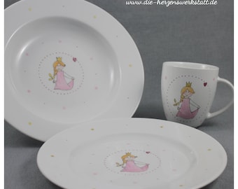 Geschirr-Set "Prinzessin", Porzellan, handbemalt, Frühstücks-Gedeck, Teller, Tasse, Tiefer Teller, Eßteller, Set