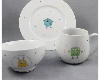 Geschirr-Set Monster Porzellan handbemalt Frühstück Tasse Teller Schale Schüssel Müsli Kindergeschirr Gedeck