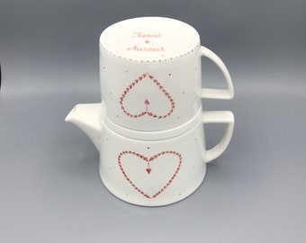 Service à thé "Leaf Heart", porcelaine, peint à la main, 3 pièces, bone china, théière, tasse à thé, dessous de verre/couvercle