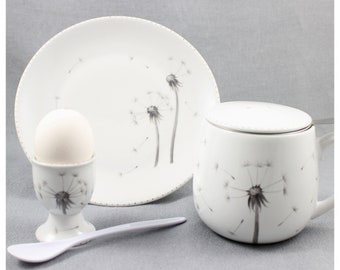 breakfast set dandelion, porcelain, hand-painted plate, cup, egg cup, set, crockery set, breakfast set,