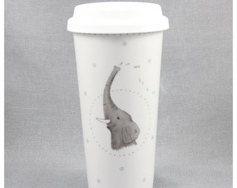 Tasse à emporter « éléphant », tasse en porcelaine, peinte à la main