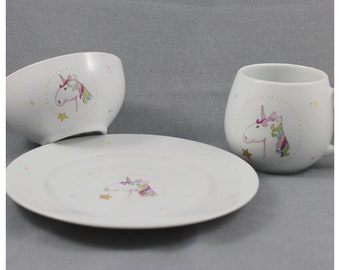 Ensemble de vaisselle « Licorne » Porcelaine peinte à la main Assiette de tasse de petit-déjeuner Bol Bol Muesli Ensemble de vaisselle pour enfants