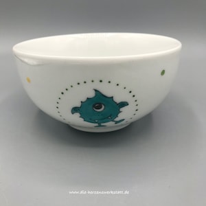 Kom/kom &quot;Monster&quot; turquoise, porselein, handgeschilderd
