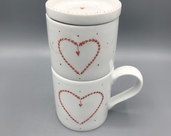 Juego de café "Leaf Heart", porcelana, pintado a mano, 4 piezas, café lento, café filtrado, taza de forma recta, taza de café, cafetera