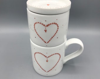 Service à café "Leaf Heart", porcelaine, peint à la main, 4 pièces, café lent, café filtre, tasse de forme droite, tasse à café, machine à café