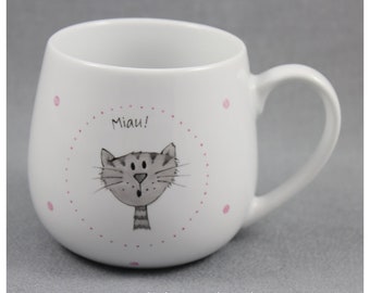 Tasse en peluche « Miaou! » avec porcelaine de chat, peinte à la main