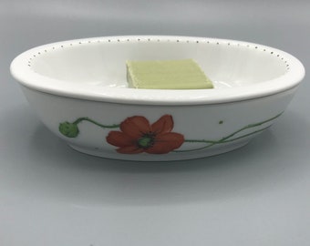 Soap dish 2-piece "Poppy" with drain, porcelain hand-painted