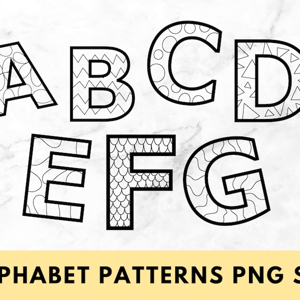 Alphabet PNG Set with Patterns, coloring book alphabet, alphabet coloring pages, commercial use coloring book designs, transparent letters