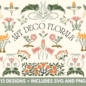 アールデコ フローラル オーナメント SVG パック、アールデコ SVG、ヴィンテージ フローラル svg、花 svg オーナメント、装飾グラフィック、花のクリップ アート