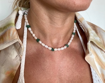 Freshwater pearl necklace with aventurine stones Natural stone freshwater pearl necklace