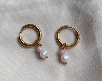 Stainless steel hoops with natural stone and freshwater pearl pendant gold hoop earrings