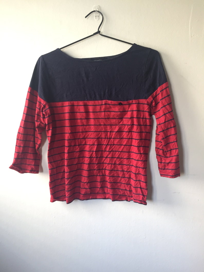 90s Soft Grunge Navy and Red Striped Sweater with a Lil Pocket