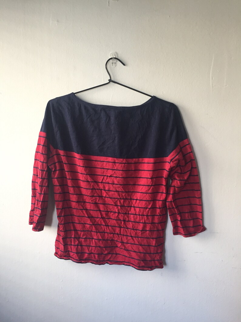 90s Soft Grunge Navy and Red Striped Sweater with a Lil Pocket