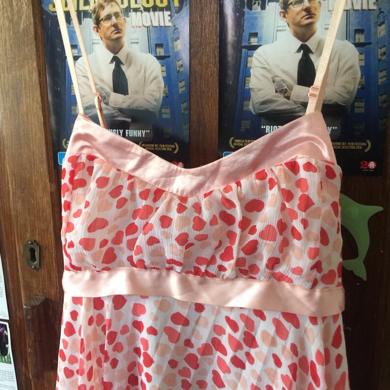 Stupid Cupid Saint Valentine/'s 1960s Babydoll Pink and Red Hearts Dress with Pale Pink Satin Accents and Tie Up Bow