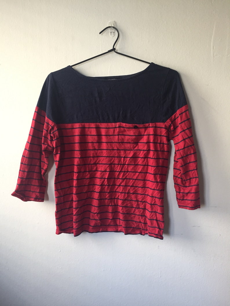 90s Soft Grunge Navy and Red Striped Sweater with a Lil Pocket