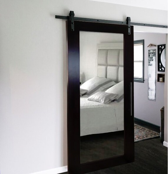 Solid Wood Sliding Barn Door With Mirror Insert - Mirrored Bypass Door Hardware Solid Wood Sliding Barn Door With Mirror Insert - Mirrored Bypass Door Hardware