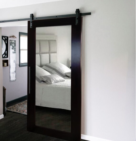 Solid Wood Sliding Barn Door With Mirror Insert Solid Wood Sliding Barn Door With