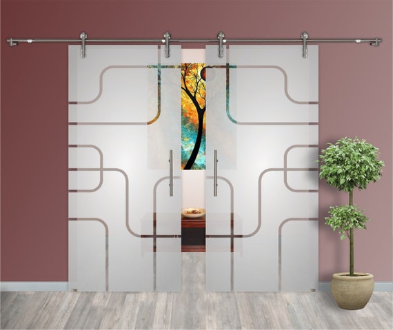 2 Leaf Glass Barn Doors Partially Frosted Clear Lines Etsy