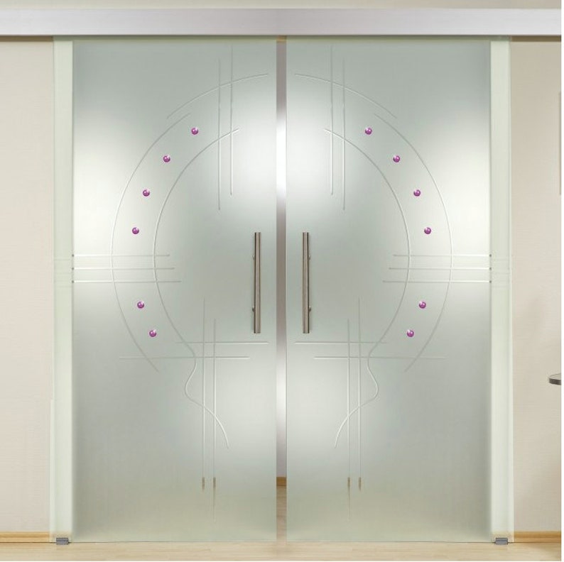 Double Sliding Glass Barn Doors Sandblated Frosted Gemstones Clear Lines Design Hardware