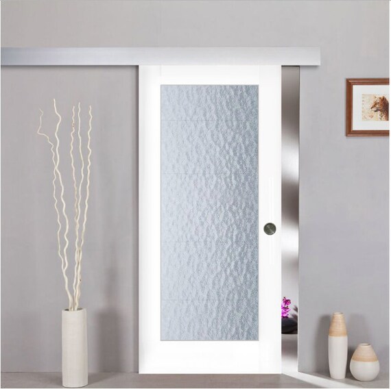 Sliding Wood Glass Barn Door With Textured Glass Aquatex Glass Etsy