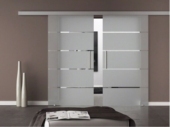 Two Leaf Glass Barn Doors Frosted Sandblasted Clear Lines Etsy