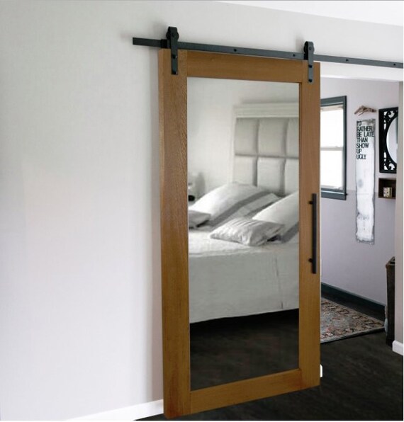 Mirrored Solid Wood Sliding Barn Door With Mirror Insert Mirrored Solid Wood Sliding Barn Door
