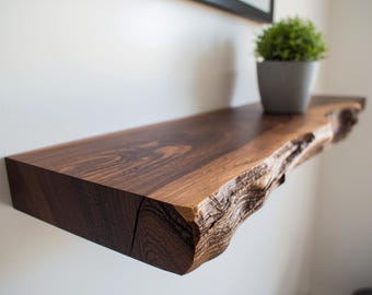 Modern Live edge Floating Shelf with Hidden metal brackets / Natural solid wood